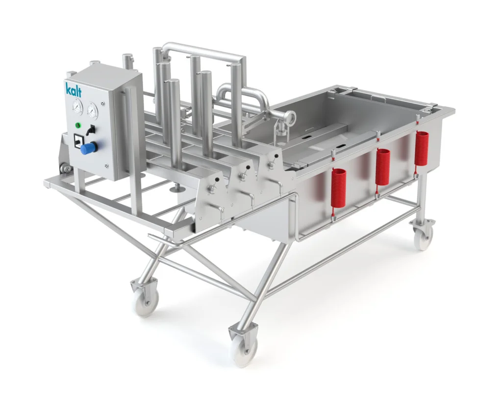 Mobile pilot yoke press system for cheese production trials in dairy processing environments.